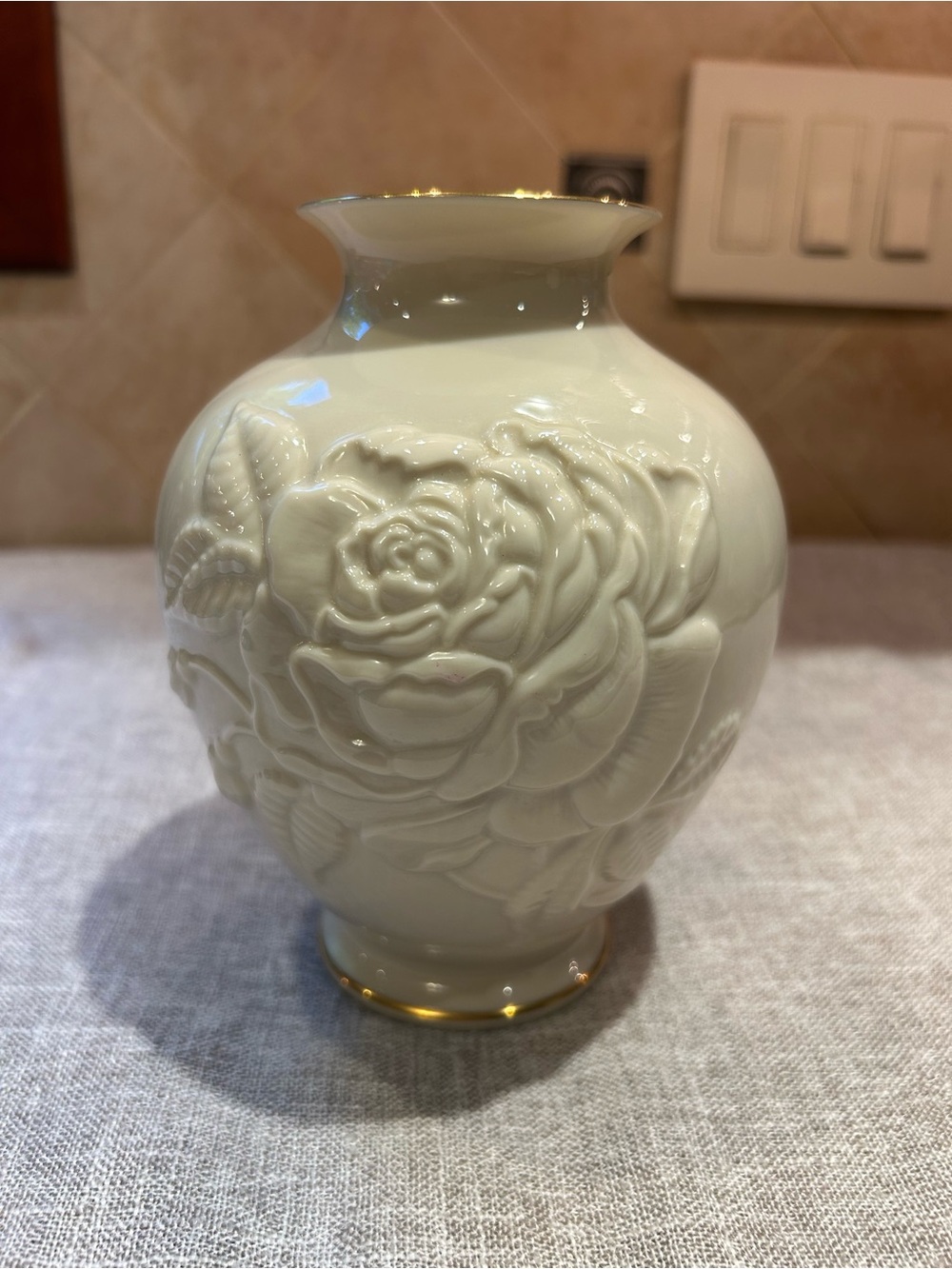 Lenox White Porcelain Floral Relief Vase with Gold Accents